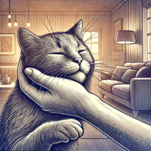 uma ilustração detalhada de um gato esfregando a cabeça na mão de uma pessoa o fundo apresenta um ambiente doméstico acolhedor com iluminação suave e móveis confortáveis a expressão do gato é de contentamento enfatizando a natureza afetuosa e instintiva do comportamento