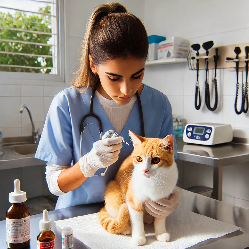 uma foto de uma veterinária examinando um gato em uma clínica veterinária a veterinária está usando um jaleco branco e segurando um estetoscópio enquanto o gato está sentado calmamente na mesa de exame ao redor há equipamentos médicos como frascos de medicamentos e seringas o ambiente é limpo e bem iluminado