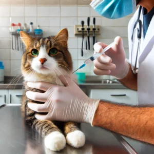 uma foto de um gato sendo vacinado por um veterinário o gato está sobre a mesa de exame enquanto o veterinário administra a vacina usando uma seringa o veterinário está usando luvas e um jaleco branco o ambiente ao redor é uma clínica veterinária com iluminação clara e equipamentos médicos