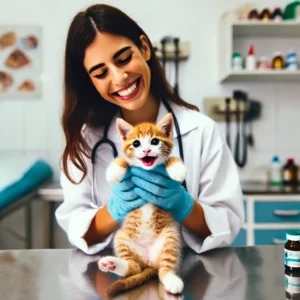 uma foto de um filhote de gato sendo examinado por uma mulher veterinária feliz a veterinária está sorrindo enquanto verifica o filhote que está sobre a mesa de exame o ambiente é limpo e acolhedor com equipamentos médicos ao redor