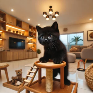 uma foto de um filhote preto de gato brincando nos móveis de gato em uma sala moderna a sala é bem decorada com prateleiras arranhadores e brinquedos o filhote está escalando e se divertindo no ambiente acolhedor e estiloso