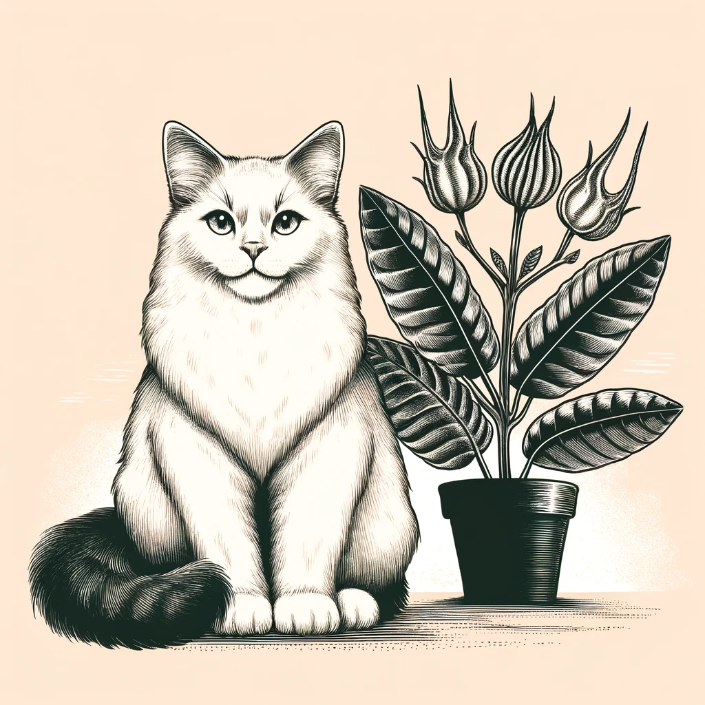 A ilustração detalhada mostra um gato e uma planta de unha de gato O gato está sentado calmamente ao lado da planta com folhas em forma de garras de gato O fundo é simples com um gradiente suave para manter o foco no gato e na planta