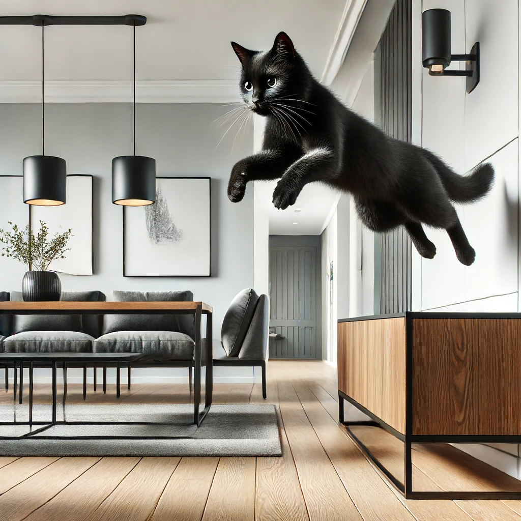 gato preto pulando de cima de um móvel em uma casa moderna O gato está no ar com o corpo esticado e as patas estendidas O interior da casa moderna inclui móveis elegantes e decoração minimalista