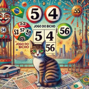 Ilustração detalhada mostrando os números 53, 54, 55 e 56, representando o gato no jogo do bicho, com um gato estilizado ao lado.