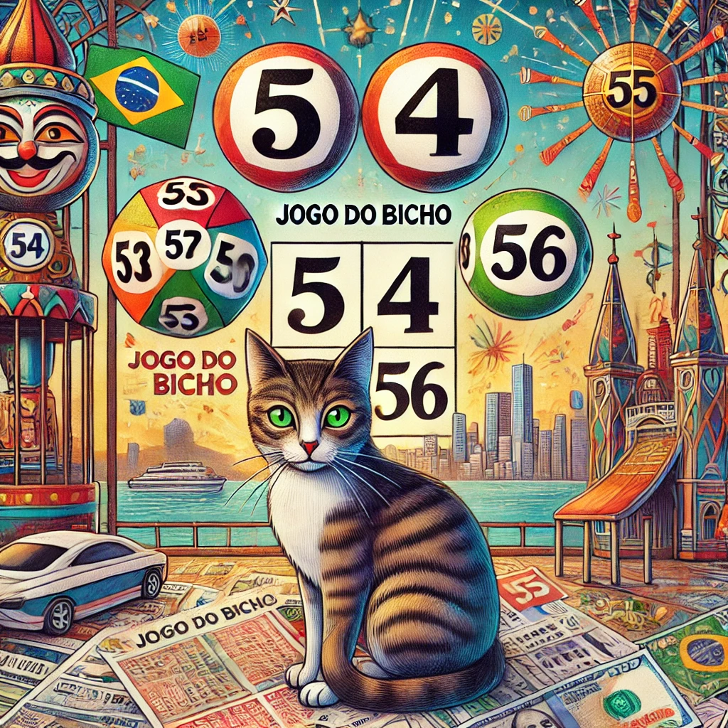 Ilustração detalhada mostrando os números 53, 54, 55 e 56, representando o gato no jogo do bicho, com um gato estilizado ao lado.