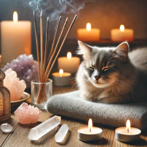 uma imagem serena de um gato deitado perto de incenso queimando e cristais com velas ao fundo o cenário inclui iluminação ambiente suave enfatizando uma atmosfera calma e pacífica o gato parece relaxado e contente destacando o conceito de purificação de energias