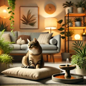 um ambiente doméstico pacífico com um gato descansando em uma almofada macia cercado por plantas internas e uma pequena fonte de água o quarto apresenta iluminação ambiente quente e móveis confortáveis criando um ambiente harmonioso e sereno o gato parece relaxado e contente destacando a importância de um espaço bem projetado para pets