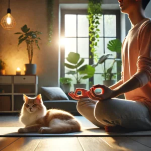 uma cena serena mostrando uma pessoa sentada em posição de meditação com um gato deitado pacificamente em seu colo o fundo inclui iluminação ambiente suave plantas internas e um ambiente doméstico calmante a imagem destaca a conexão espiritual e os benefícios de um forte vínculo entre a pessoa e seu gato