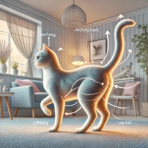 uma ilustração detalhada de uma gata no cio mostrando comportamentos como arquear as costas e levantar a cauda o fundo inclui um ambiente interno confortável com iluminação suave móveis e uma atmosfera calmante a imagem foca na postura física e no comportamento típico de uma gata no cio