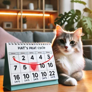 uma ilustração mostrando um calendário marcando a duração do ciclo de cio de uma gata tipicamente de 5 a 10 dias o fundo apresenta uma gata sentada calmamente ao lado do calendário com um ambiente interno aconchegante incluindo iluminação suave e móveis confortáveis a imagem destaca a duração típica do período de cio em gatas