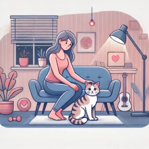 uma ilustração mostrando uma pessoa proporcionando conforto a uma gata no cio o fundo apresenta um ambiente doméstico aconchegante com iluminação suave móveis confortáveis e brinquedos para gatos a pessoa está acariciando suavemente a gata que parece calma e contente enfatizando as maneiras de lidar com uma gata durante seu período de cio