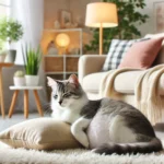 uma imagem serena de uma gata grávida descansando confortavelmente em um ambiente doméstico aconchegante o fundo inclui iluminação suave plantas e móveis confortáveis enfatizando um ambiente tranquilo a postura e a expressão relaxada da gata destacam o cuidado nutritivo durante seu período de gestação