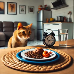 uma ilustração mostrando um gato olhando para a comida sem se aproximar com uma expressão de estar sem apetite o fundo apresenta um ambiente doméstico com um prato de comida perto do gato a imagem destaca a falta de apetite como um sinal de febre em gatos