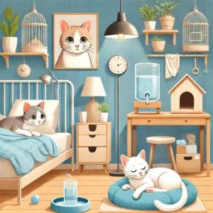 uma ilustração mostrando cuidados domésticos para gatos com febre com uma pessoa oferecendo água e um ambiente confortável para o gato descansar o fundo apresenta uma casa aconchegante com iluminação suave móveis confortáveis e cobertores a imagem destaca a importância de manter o gato hidratado e em um ambiente tranquilo