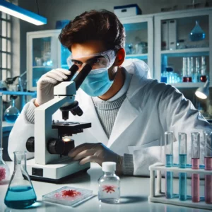 uma foto de um cientista observando através de um microscópio em um laboratório o cientista está usando um jaleco branco luvas e óculos de proteção o ambiente ao redor tem equipamentos de laboratório como frascos de reagentes pipetas e notebooks a iluminação é clara e o ambiente é limpo e organizado