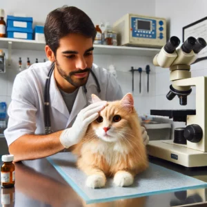 uma foto de um veterinário examinando um gato em uma clínica veterinária o gato está sobre a mesa de exame enquanto o veterinário verifica seus sinais vitais ao redor há equipamentos médicos como estetoscópio seringas e frascos de medicamentos o ambiente é limpo e organizado com iluminação clara