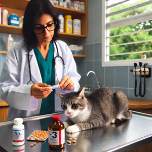 uma foto de um gato recebendo medicamentos em uma clínica veterinária o veterinário está administrando a medicação enquanto o gato está sobre a mesa de exame ao redor há equipamentos médicos como frascos de medicamentos e seringas o ambiente é limpo e organizado com iluminação clara