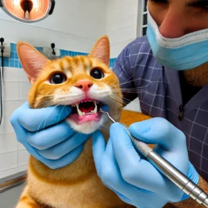 uma foto de um gato de 5 anos recebendo tratamento odontológico em uma clínica veterinária o veterinário está examinando os dentes do gato enquanto ele está sobre a mesa de exame o ambiente é limpo e organizado com equipamentos médicos ao redor mostrando sinais de recuperação após o tratamento