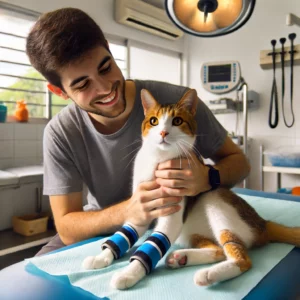 uma foto de um gato de 4 anos recebendo fisioterapia em uma clínica veterinária o veterinário está realizando exercícios leves com o gato enquanto ele está deitado em uma mesa acolchoada o ambiente é limpo e organizado com equipamentos médicos ao redor mostrando sinais de recuperação e conforto