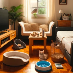 uma foto de uma casa preparada para a chegada de um filhote de gato com uma cama macia um arranhador e alguns brinquedos o ambiente é limpo e organizado com poucos objetos criando um espaço seguro e acolhedor para o filhote