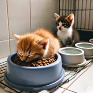 uma foto mostrando uma tigela de ração específica para filhotes de gato ao lado de uma tigela de água fresca o ambiente é limpo e organizado com alimentos adequados para filhotes de gato dispostos de forma atraente e saudável