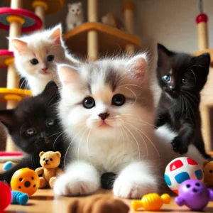 uma foto de um filhote branco de gato brincando com gatos adultos preto e branco em um ambiente doméstico aconchegante os gatos estão interagindo de forma divertida com brinquedos ao redor o cenário é acolhedor e cheio de alegria