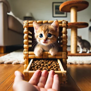 uma foto de um filhote de gato de 2 meses usando uma caixa de areia em um ambiente doméstico os donos estão ao fundo observando e oferecendo petiscos como recompensa a caixa de areia está limpa e há várias caixas de areia ao redor facilitando o acesso do filhote