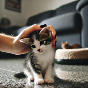 uma foto de uma filhote de gato tipo frajola com manchas em preto e branco sendo acariciada por uma pessoa em um ambiente doméstico calmo e seguro a gata está se aproximando de um novo visitante e sendo recompensada com petiscos sons tranquilos estão ao fundo mostrando um ambiente acolhedor e seguro