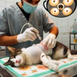 uma foto de um gato sendo castrado por um veterinário em uma clínica veterinária o gato está deitado e o veterinário está realizando a cirurgia com cuidado e precisão o ambiente é limpo e profissional