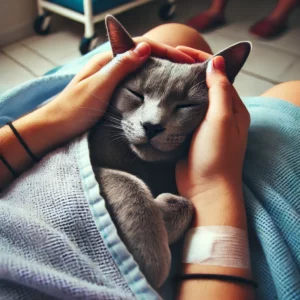 uma foto de um gato cinza sendo acariciado por seus donos em casa o gato está deitado em uma cama macia e confortável o ambiente é tranquilo e amoroso mostrando a recuperação do gato após a castração