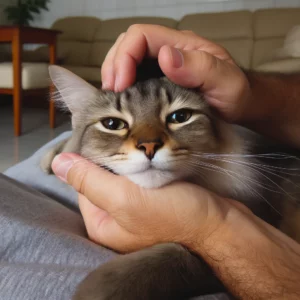 uma foto de um gato angorá sendo acariciado por seus donos em casa o gato está relaxado e parece calmo o ambiente é aconchegante e mostra a recuperação do gato após a castração