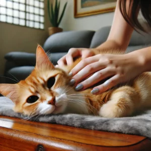 uma foto de uma gata rajada sendo acariciada por seus donos em casa a gata está relaxada em um ambiente calmo e seguro o ambiente é aconchegante e mostra a recuperação da gata após a cirurgia