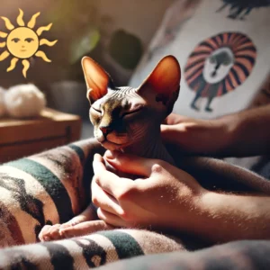 uma foto de um gato da raça Sphynx sendo acariciado por seus donos em casa o gato está relaxado e tranquilo o ambiente é acolhedor e mostra a recuperação do gato após a castração