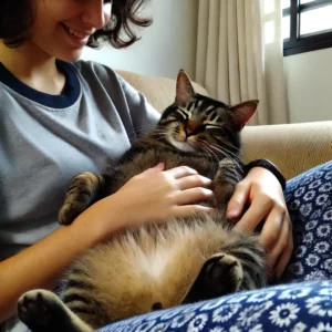 uma foto de um gato gordo listrado cinza e preto sendo acariciado por seus donos em casa o gato está relaxado e parece calmo o ambiente é aconchegante e mostra a recuperação do gato após a cirurgia