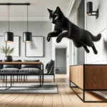 gato preto pulando de cima de um móvel em uma casa moderna O gato está no ar com o corpo esticado e as patas estendidas O interior da casa moderna inclui móveis elegantes e decoração minimalista