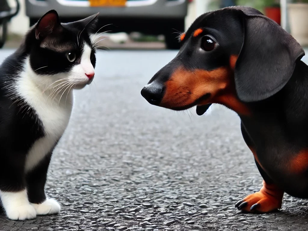 cachorro basset uivando de frente para um gato preto e branco