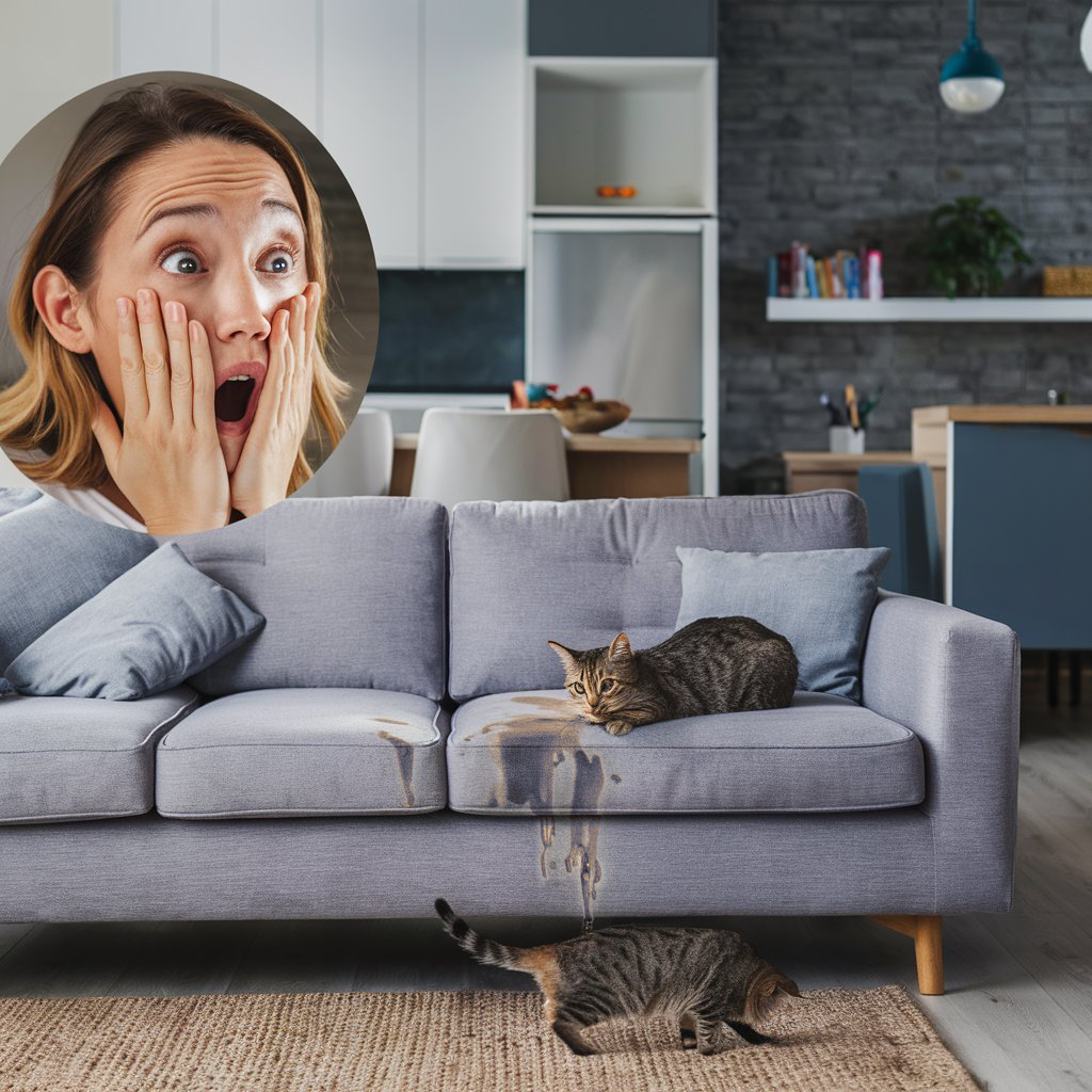 Uma mulher com expressão de choque no canto da imagem dois gatos em um sofá um dos gatos fez xixi no sofá e o xixi está escorrendo para o chão o outro gato está cheirando o tapete a sala ao fundo é moderna e bem decorada