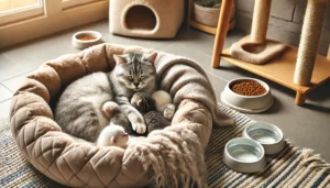 Uma gata mãe amamentando seus filhotes recém-nascidos em um espaço aconchegante e limpo. A cena inclui uma área macia e acolchoada com cobertores, e a mãe gata está gentilmente cuidando