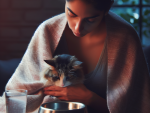 Mulher envolta em um cobertor segurando um gato no colo, ambos olhando para uma tigela de comida sobre a mesa, em um ambiente aconchegante.