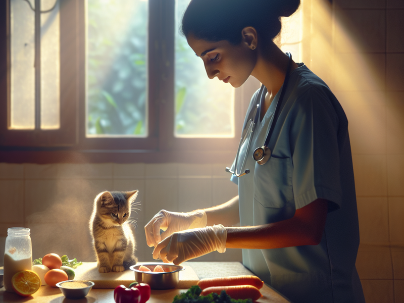 Veterinarian preparing a meal for a kitten