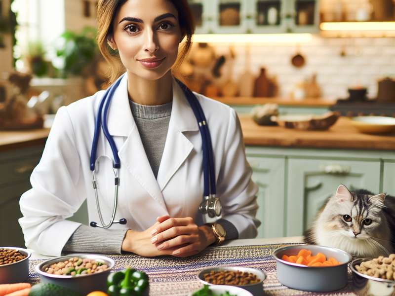 Veterinarian preparing a personalized meal plan for a diabetic cat