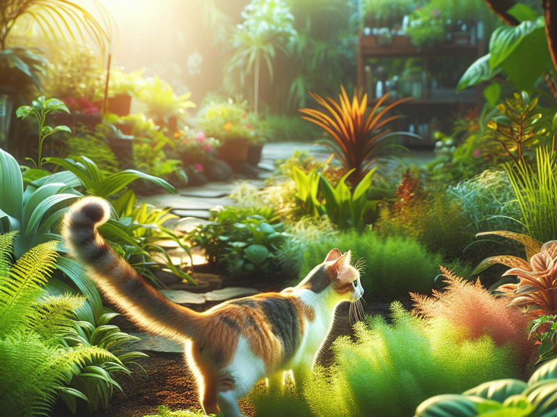 A cat exploring a lush garden, displaying curiosity and independence; soft natural lighting enhances the serene atmosphere; a harmonious color palette of greens and browns creates a tranquil setting; captured in a square format