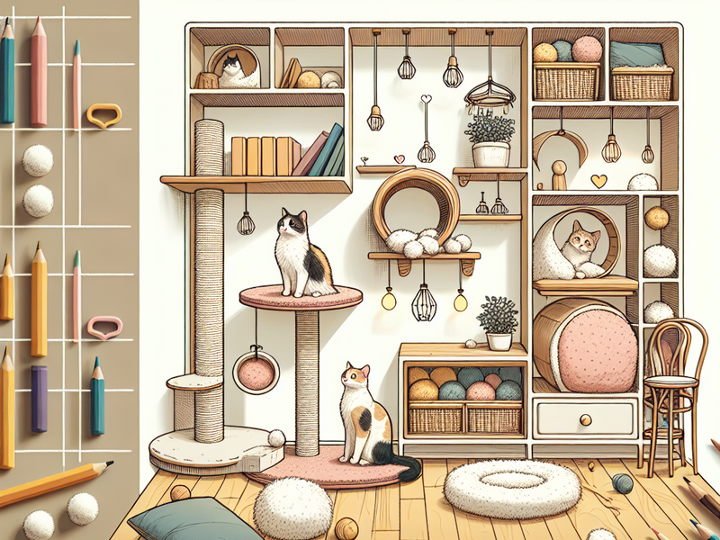 Illustration of a cozy and enriched cat environment with shelves, scratching posts, and hiding spots; vibrant colors and inviting design elements; focusing on enhancing feline well-being