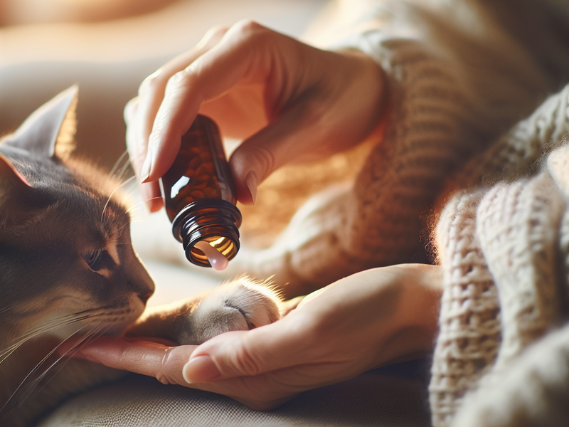 A gentle hand holding a cat's paw while giving medication; soft lighting highlighting the bond between human and feline companion; a heartwarming moment captured in a cozy setting