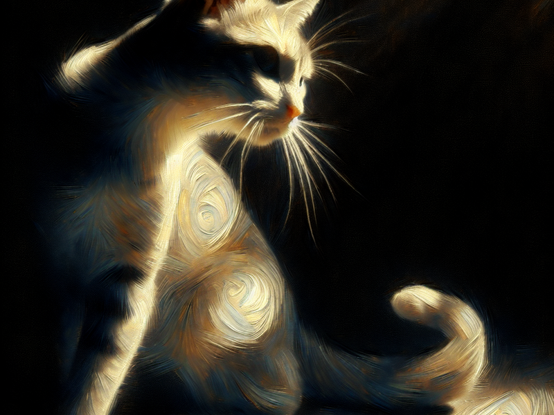 Um gato em uma pose elegante, transmitindo graça e mistério, iluminado suavemente pela luz do sol filtrando através de uma janela; estilo artístico impressionista, cores suaves e harmônicas, capturado em um ângulo de perfil.