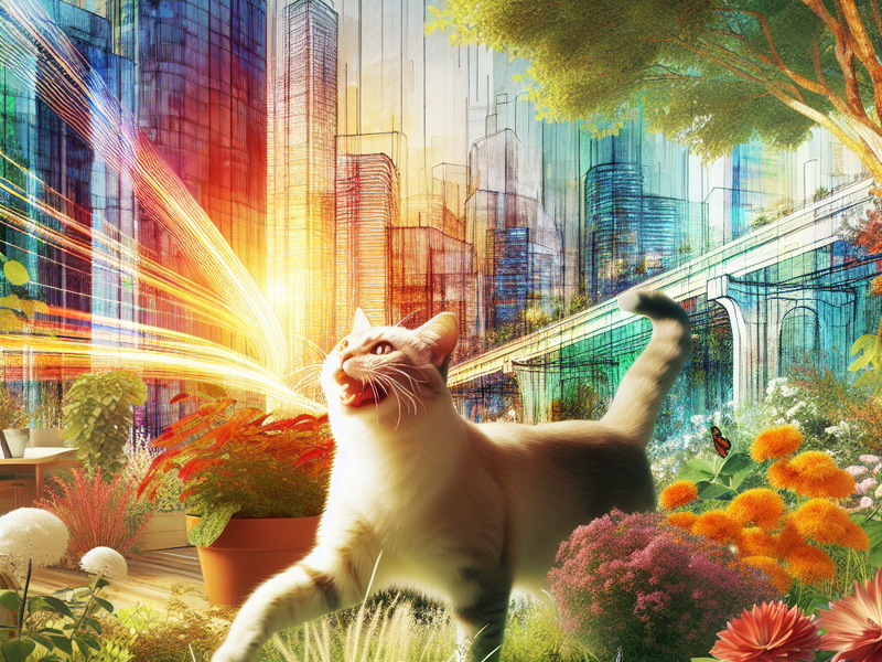 Ilustração de um jardim urbano sustentável com um gato feliz explorando o ambiente