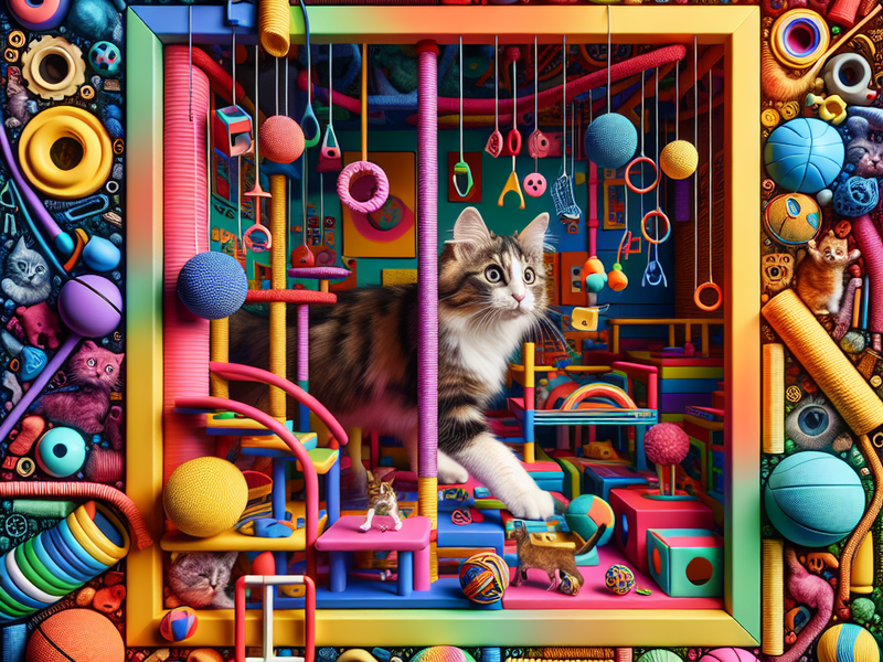 Imagem de um gato brincalhão explorando um ambiente colorido cheio de brinquedos e estruturas para escalar, com uma atmosfera vibrante e várias texturas estimulantes.
