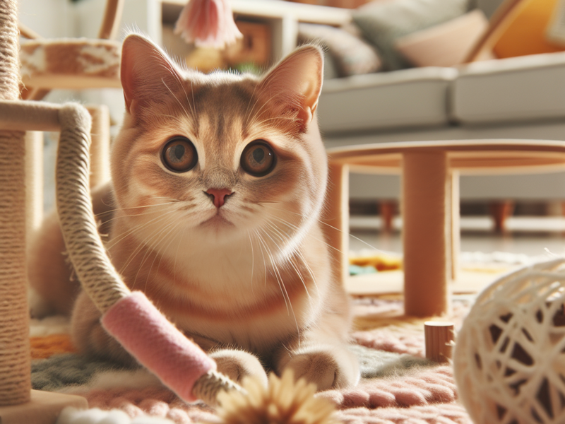 Um gato brincando em um ambiente decorado com cores suaves e texturas contrastantes, estimulando sua percepção visual.