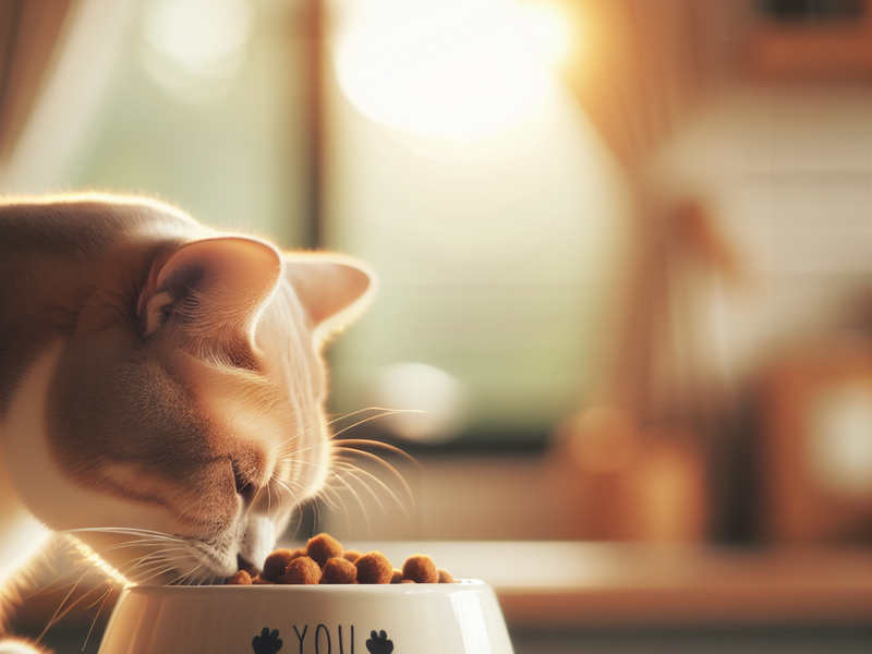 Cat eating from a personalized food bowl