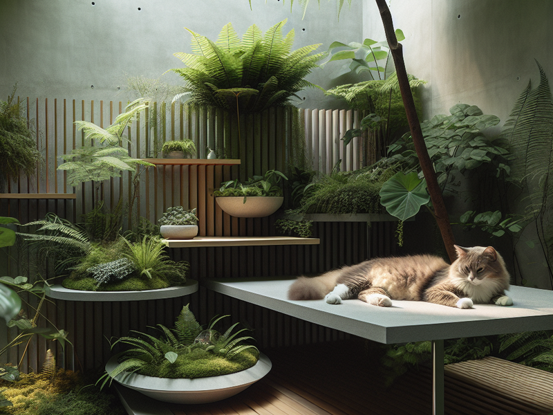 Imagem de um gato descansando em uma plataforma elevada e decorada, cercado por plantas verdes